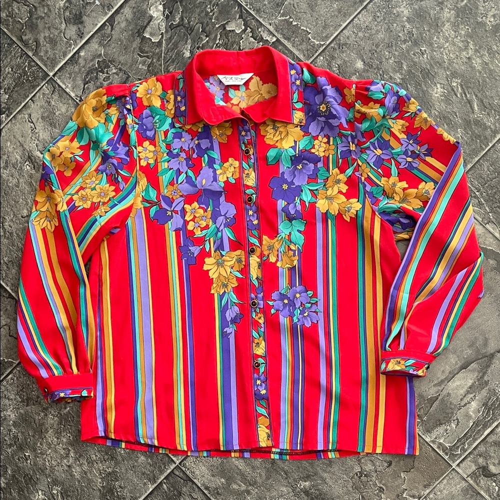 Vintage PASTEL Ladies Vibrant Floral Striped Button-Up Shirt Unique Buttons 90s
